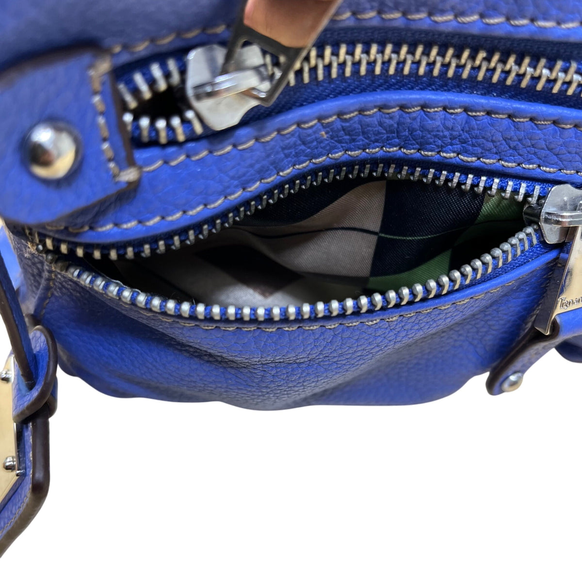 Tignanello Women’s Blue Leather Zip Front Pocket Adjustable Strap Shoulder Bag