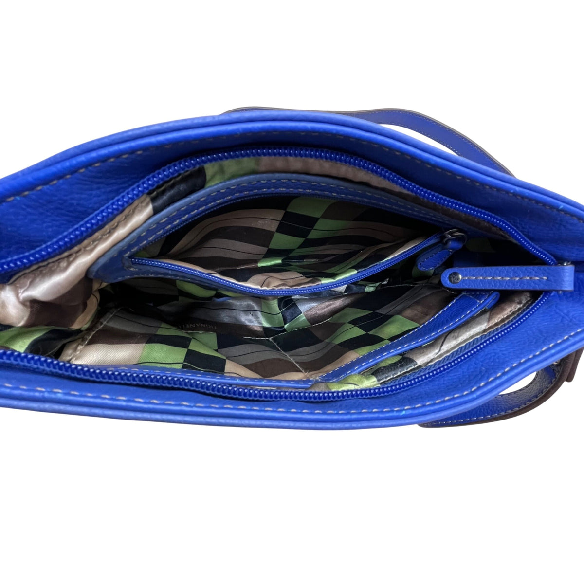 Tignanello Women’s Blue Leather Zip Front Pocket Adjustable Strap Shoulder Bag