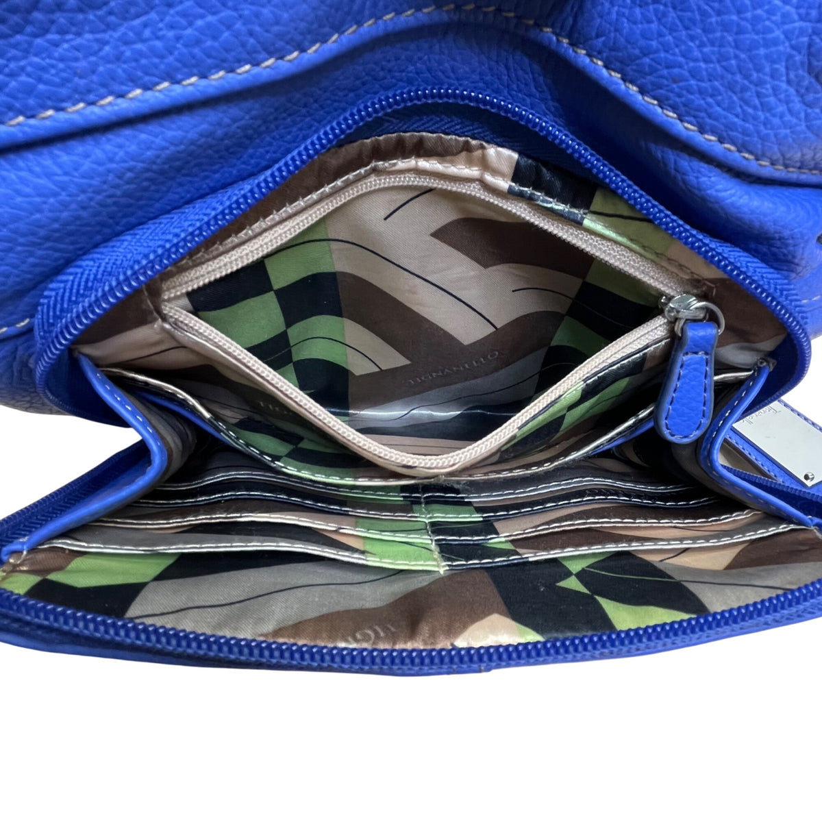 Tignanello Women’s Blue Leather Zip Front Pocket Adjustable Strap Shoulder Bag