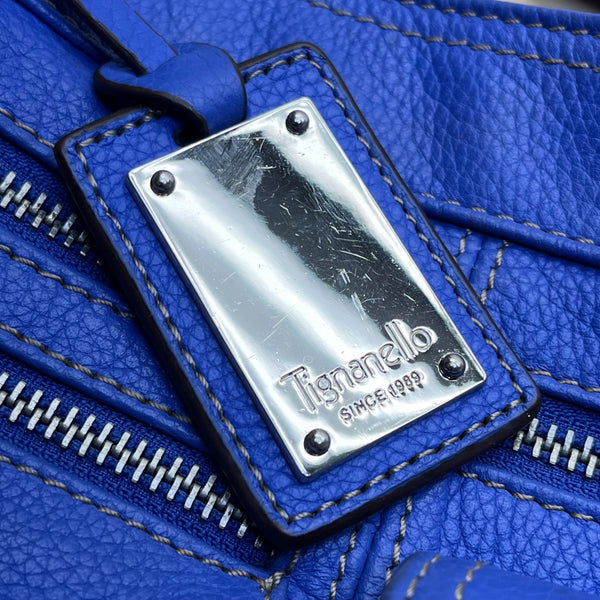 Tignanello Women’s Blue Leather Zip Front Pocket Adjustable Strap Shoulder Bag