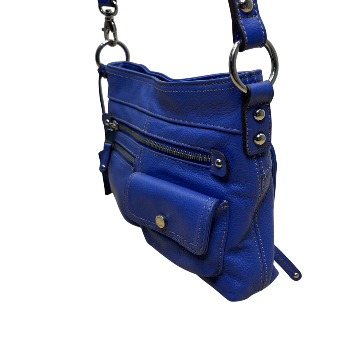Tignanello Women’s Blue Leather Zip Front Pocket Adjustable Strap Shoulder Bag