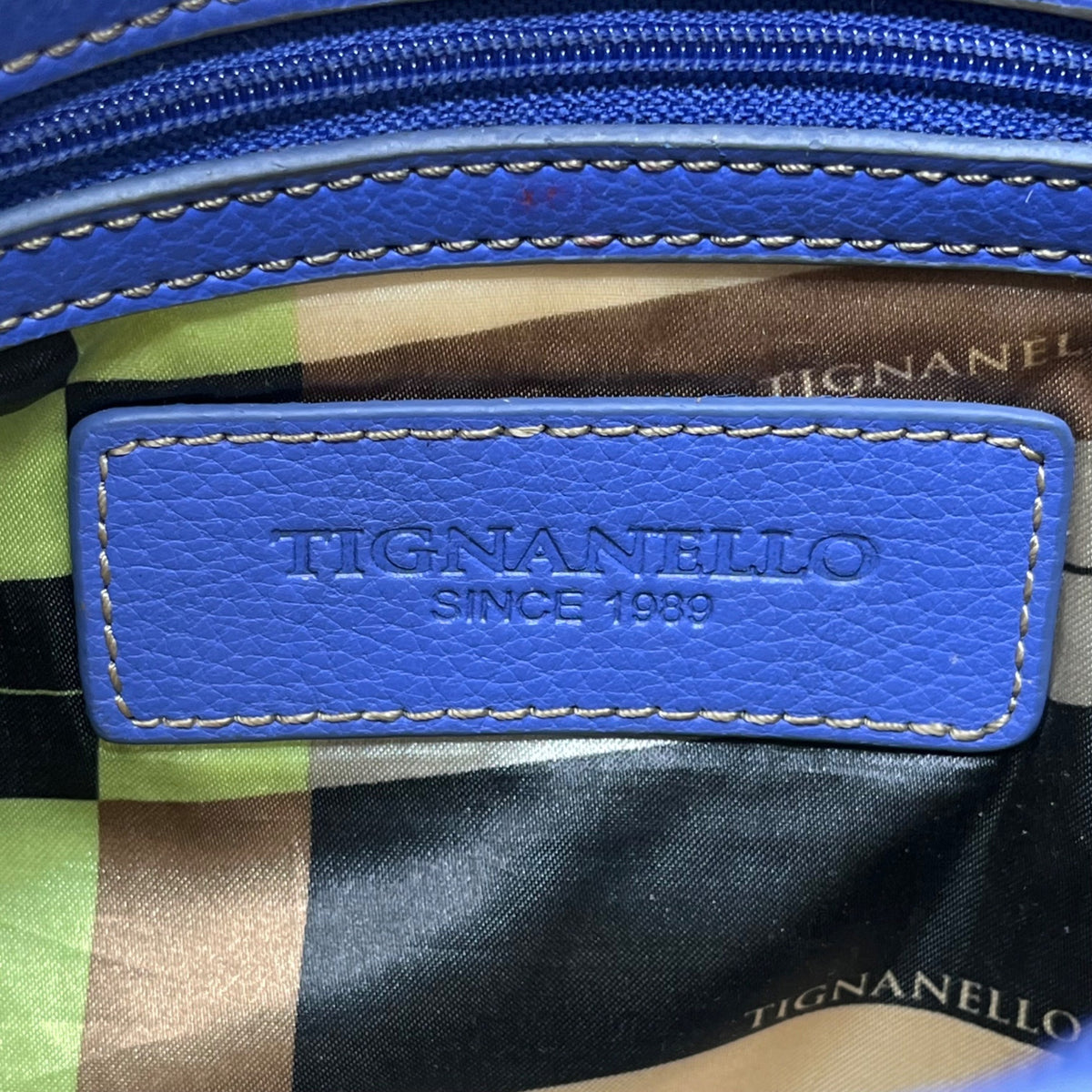 Tignanello Women’s Blue Leather Zip Front Pocket Adjustable Strap Shoulder Bag