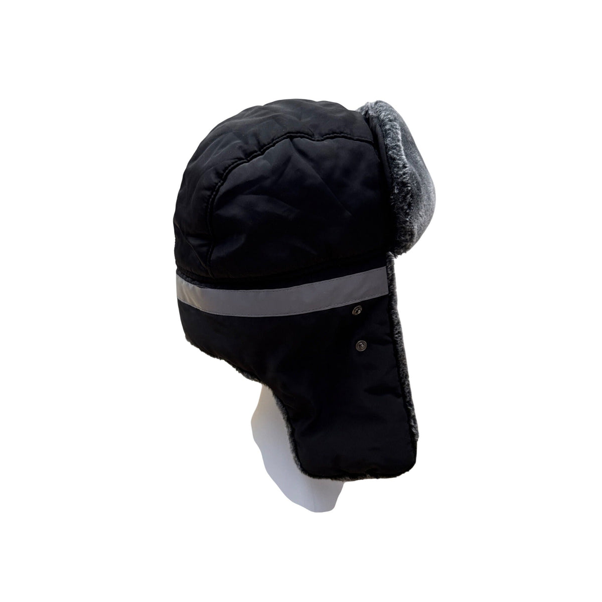 Mens Winter Black Fur-Lined Aviator Hat With Adjustable Ear Flaps & Reflective Stripe