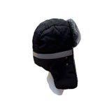 Mens Winter Black Fur-Lined Aviator Hat With Adjustable Ear Flaps & Reflective Stripe