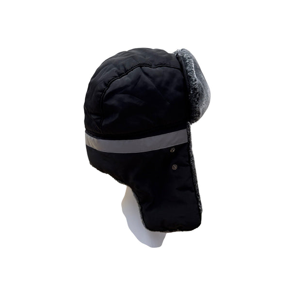 Mens Winter Black Fur-Lined Aviator Hat With Adjustable Ear Flaps & Reflective Stripe