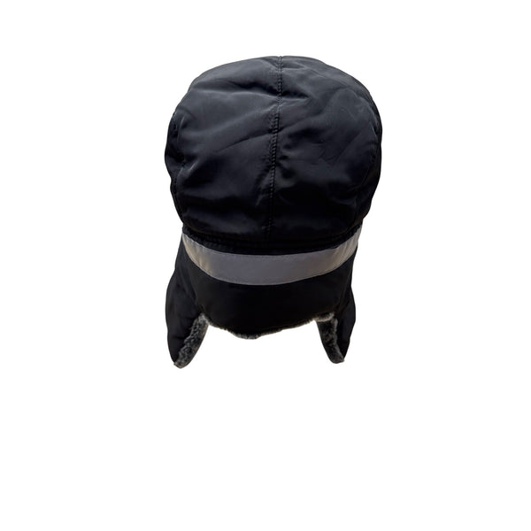 Mens Winter Black Fur-Lined Aviator Hat With Adjustable Ear Flaps & Reflective Stripe