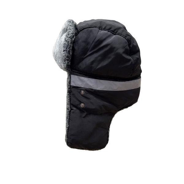 Mens Winter Black Fur-Lined Aviator Hat With Adjustable Ear Flaps & Reflective Stripe