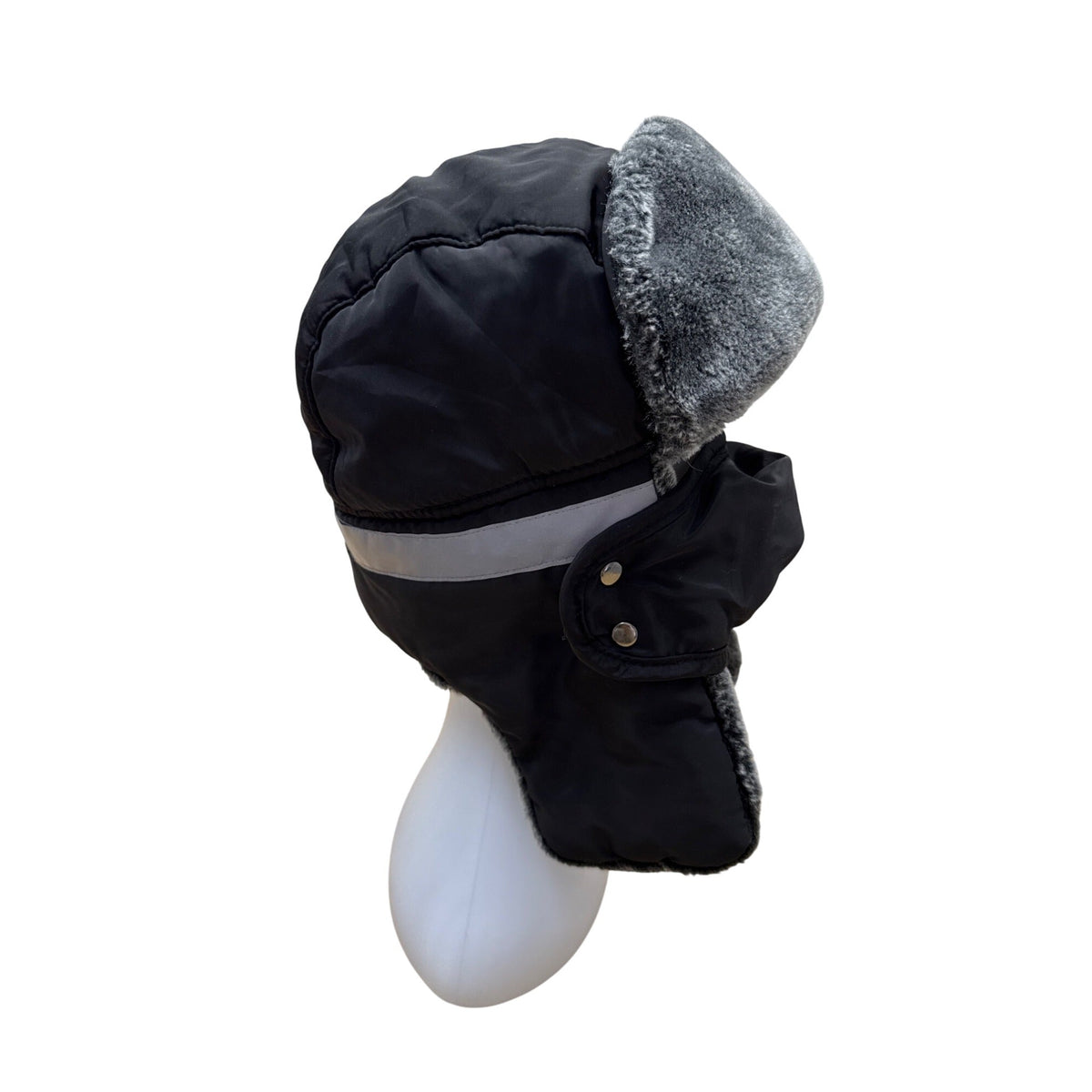 Mens Winter Black Fur-Lined Aviator Hat With Adjustable Ear Flaps & Reflective Stripe