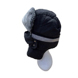 Mens Winter Black Fur-Lined Aviator Hat With Adjustable Ear Flaps & Reflective Stripe