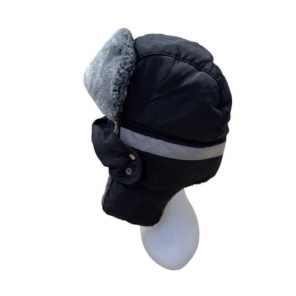 Mens Winter Black Fur-Lined Aviator Hat With Adjustable Ear Flaps & Reflective Stripe