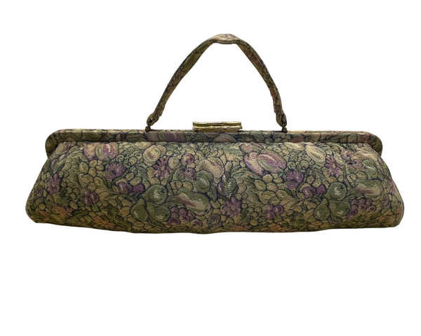 Vintage Women’s Green & Purple Floral Brocade Metal Bamboo Clasp Clutch Bag
