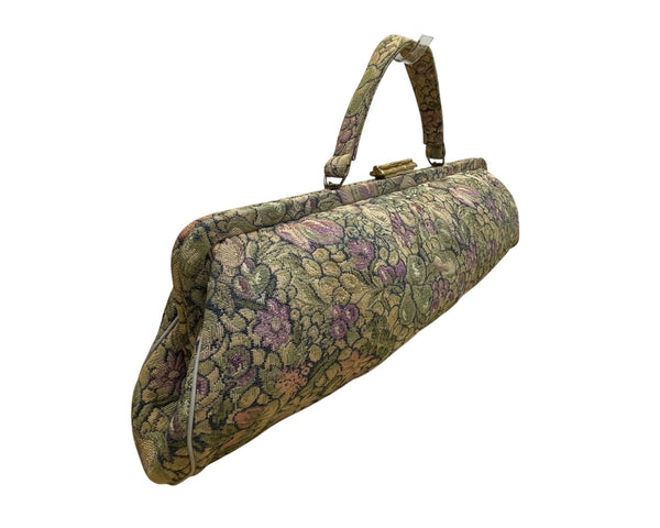 Vintage Women’s Green & Purple Floral Brocade Metal Bamboo Clasp Clutch Bag