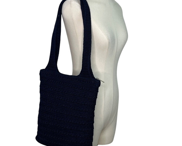 The Sak Women’s Navy Blue Crochet Zipper Closure Double Strap Shoulder Bag Sz M