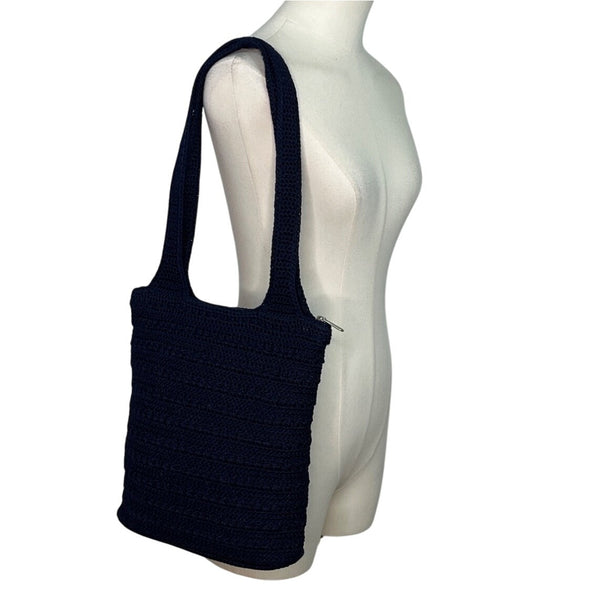 The Sak Women’s Navy Blue Crochet Zipper Closure Double Strap Shoulder Bag Sz M