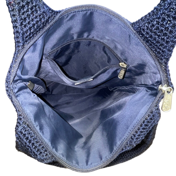 The Sak Women’s Navy Blue Crochet Zipper Closure Double Strap Shoulder Bag Sz M
