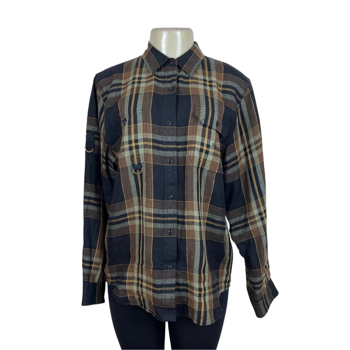 Ralph Lauren Plaid Womens Linen Shirt Brown/Black Long Sleeve Size L