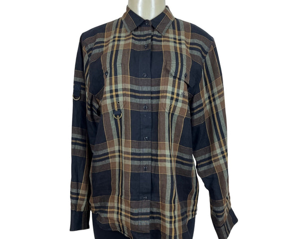 Ralph Lauren Plaid Womens Linen Shirt Brown/Black Long Sleeve Size L
