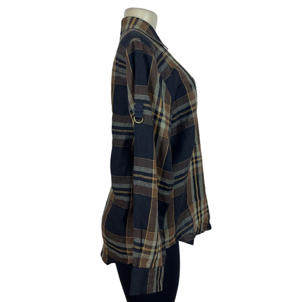 Ralph Lauren Plaid Womens Linen Shirt Brown/Black Long Sleeve Size L