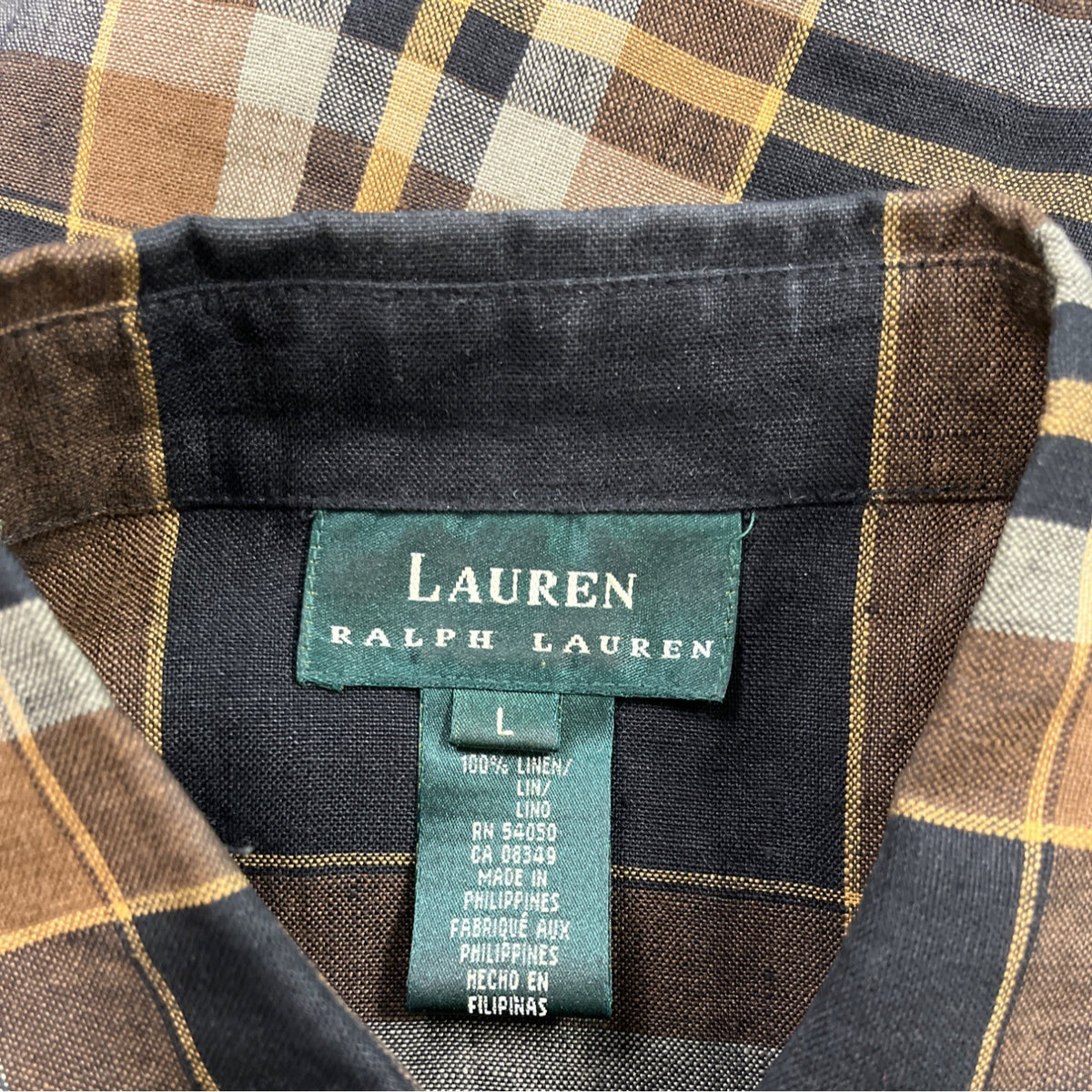 Ralph Lauren Plaid Womens Linen Shirt Brown/Black Long Sleeve Size L