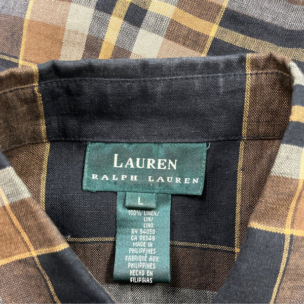 Ralph Lauren Plaid Womens Linen Shirt Brown/Black Long Sleeve Size L
