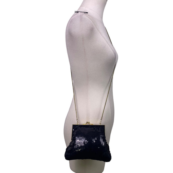 Accessory Lady Black Beaded Sequin Gold Metal Clasp Chain Strap Clutch Bag