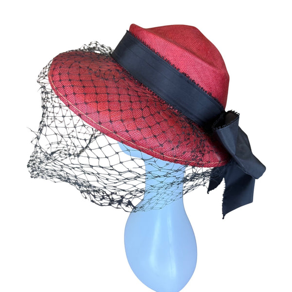 Geo. Innes Co. Womens Red Straw Hat With Black Veil Bow Detail Wichita Vintage