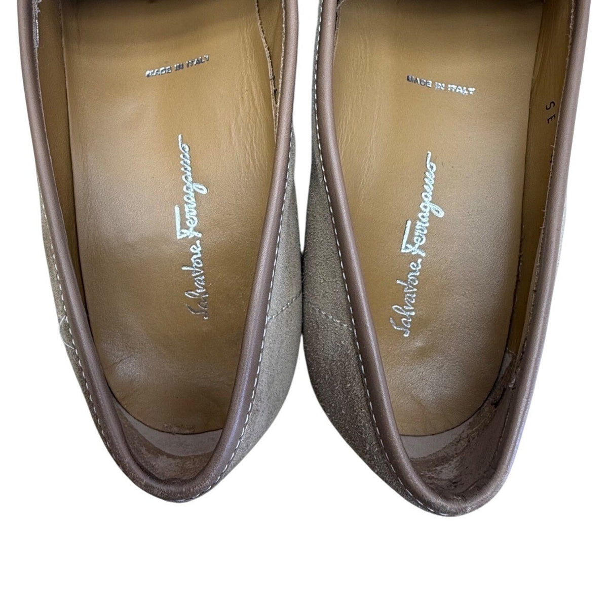 Salvatore Ferragamo Women’s Tan Suede Loafers With Gold Buckle Size 7.5B