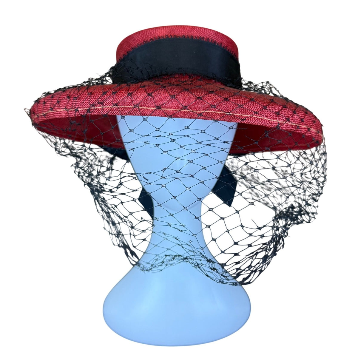 Geo. Innes Co. Womens Red Straw Hat With Black Veil Bow Detail Wichita Vintage