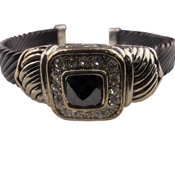 Asymmetrical Silver Tone/Black Metal Crystal-Embellished Open Cuff Bracelet