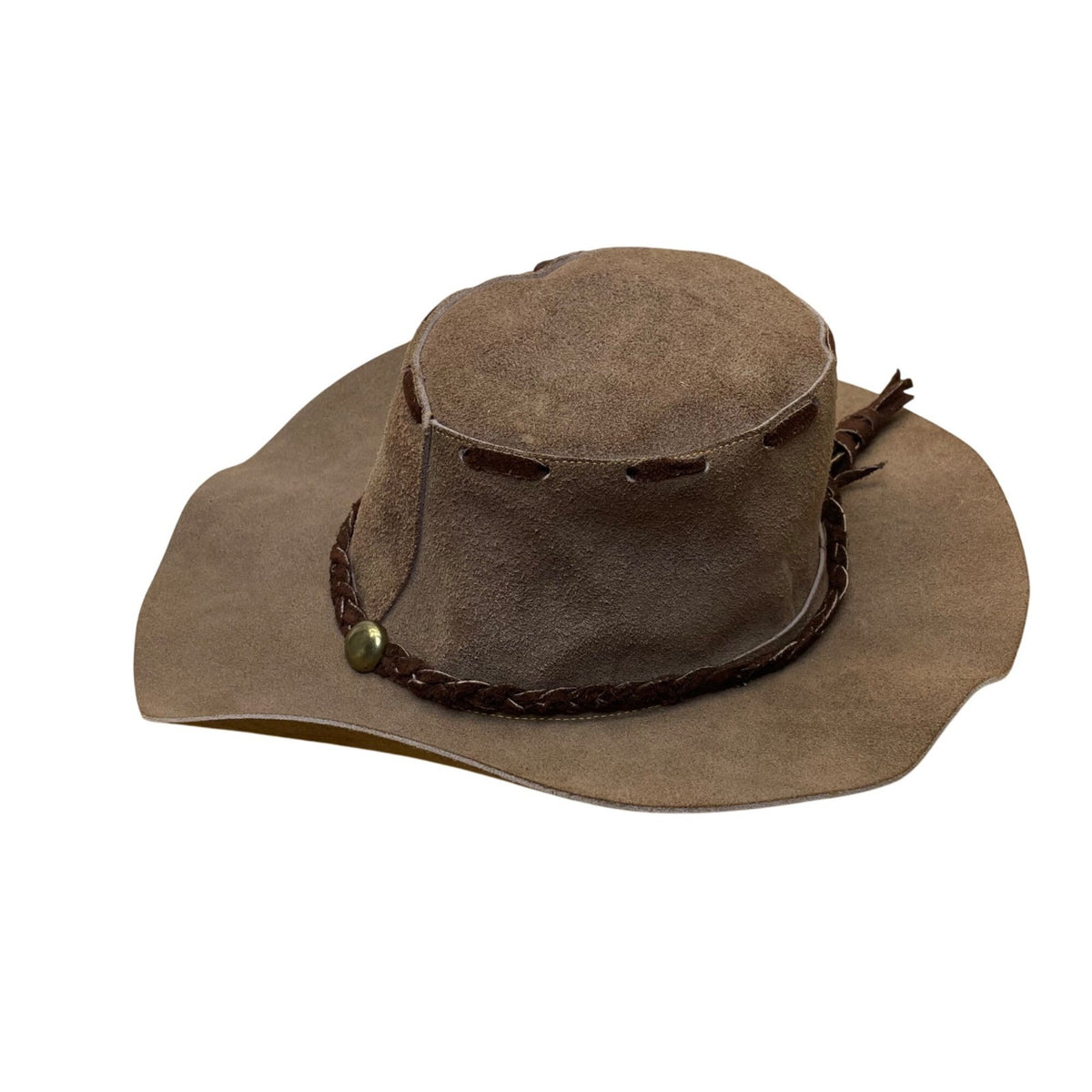 Vintage Western Style Suede Brown Leather Cowboy Hat With Braided Band