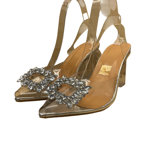 Women’s Clear Transparent Heels Rhinestone Embellished Slingback Pumps Size 40