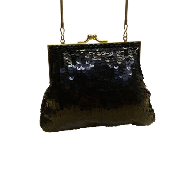 Accessory Lady Black Beaded Sequin Gold Metal Clasp Chain Strap Clutch Bag