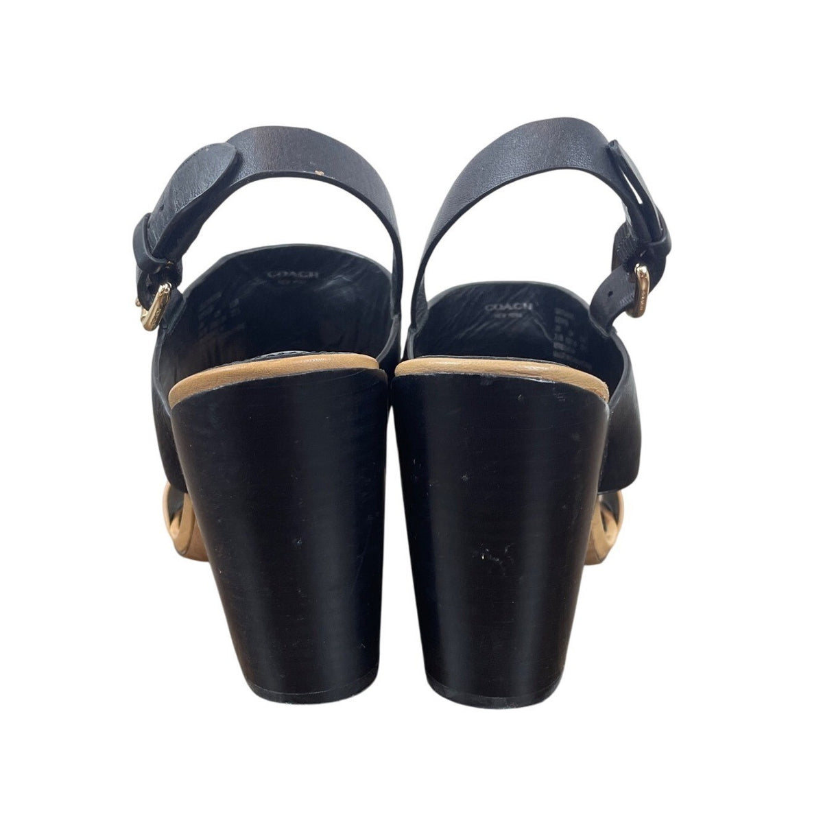 Coach Womens Black & Tan Brown Leather Gold Accents Block Heel Sandals Size 7.5B