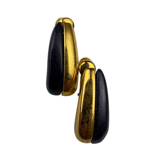 Gold Tone & Black Clip-On Earrings Curved Crescent Shape Vintage Metal & Acrylic