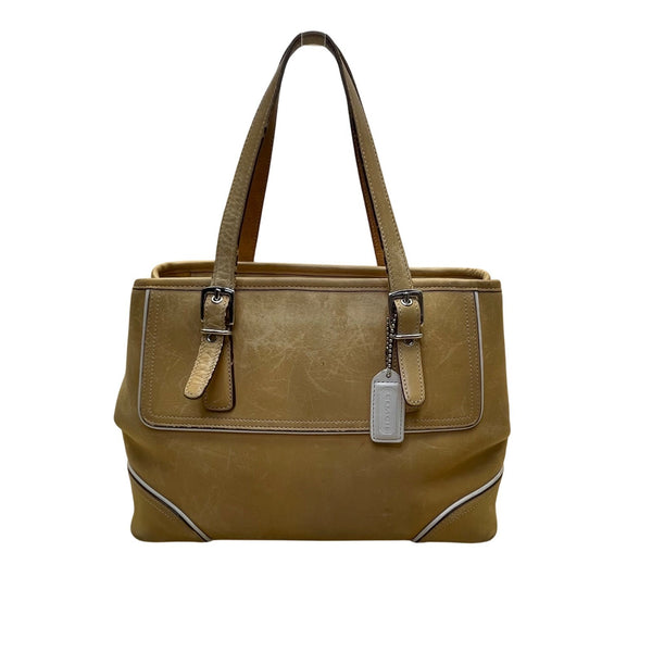 Coach Women’s Tan & White Leather Double Strap Silver Buckle Accents Hand Bag