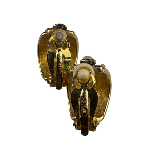 Erwin Pearl Gold Tone Clip-On Earrings Faux Pearl Black Enamel Vintage Design