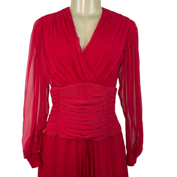 Vintage Red Long-Sleeve Chiffon Dress With Pleated Wrap Bodice Sz 10
