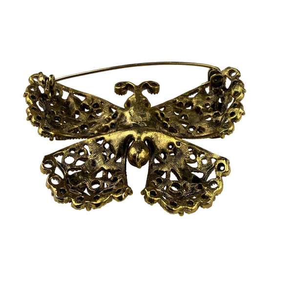 Vintage Ornate Butterfly Rhinestone Brooch Amber & Champagne Crystal Gold Tone