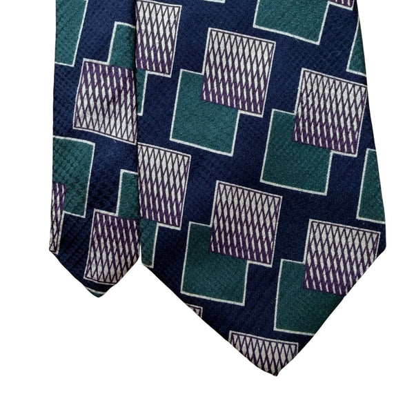 Tiemakers Mens Navy & Green Silk Geometric Pattern Necktie Handcrafted USA