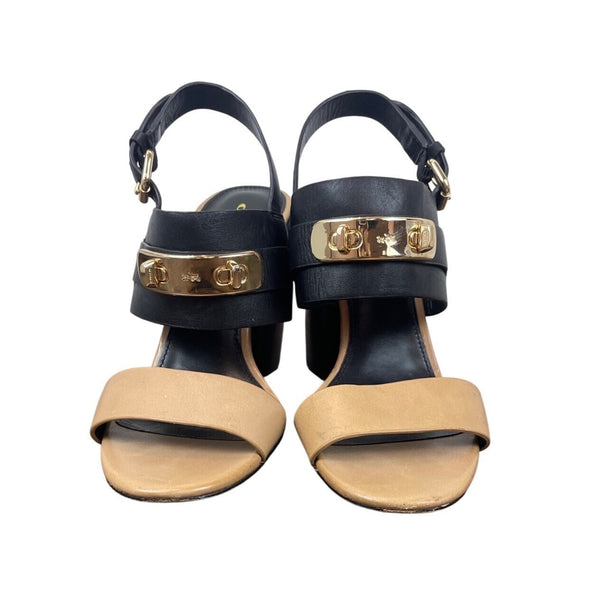 Coach Womens Black & Tan Brown Leather Gold Accents Block Heel Sandals Size 7.5B