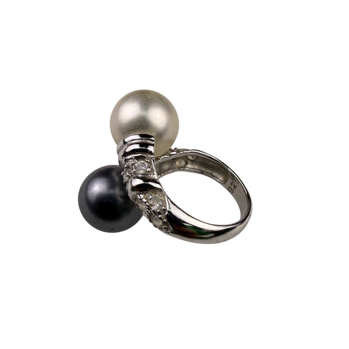 Sterling Silver 925 Two-Tone Freshwater Pearl & Diamond Accented Ring Sz 6