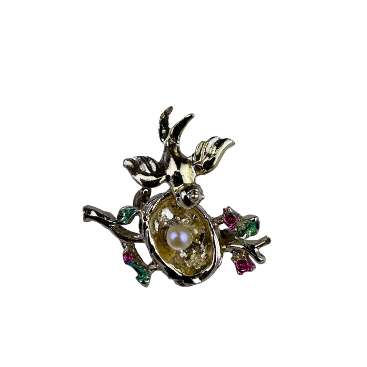 Vintage Womens Gold Tone Bird & Birdhouse Brooch Pins With Rhinestones