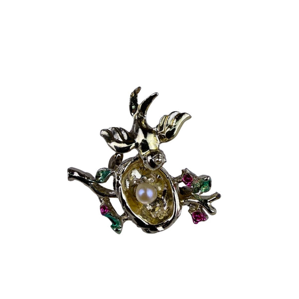 Vintage Womens Gold Tone Bird & Birdhouse Brooch Pins With Rhinestones
