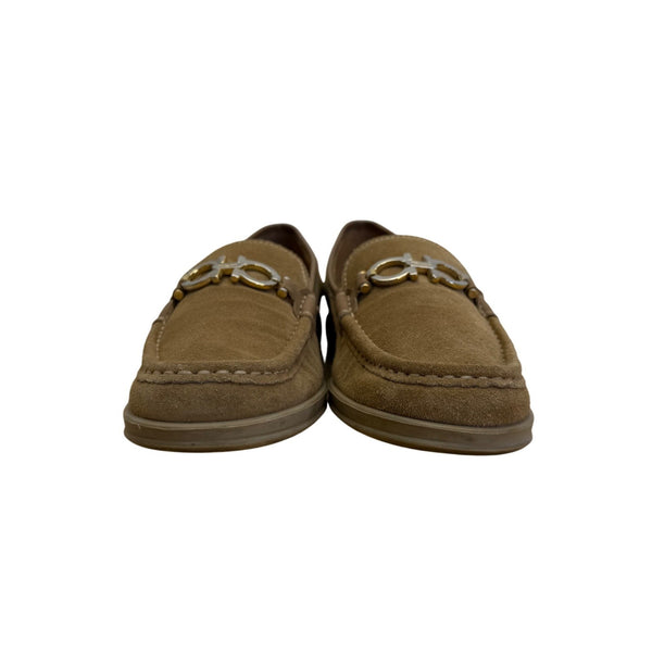 Salvatore Ferragamo Women’s Tan Suede Loafers With Gold Buckle Size 7.5B