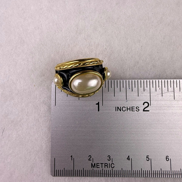 Erwin Pearl Gold Tone Clip-On Earrings Faux Pearl Black Enamel Vintage Design