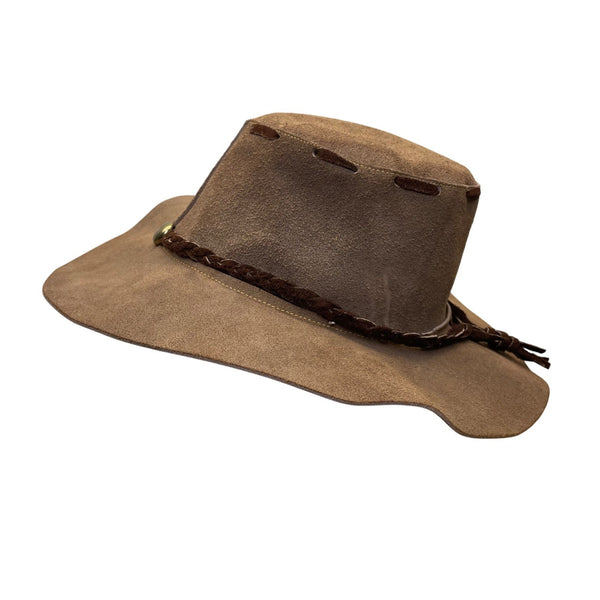 Vintage Western Style Suede Brown Leather Cowboy Hat With Braided Band