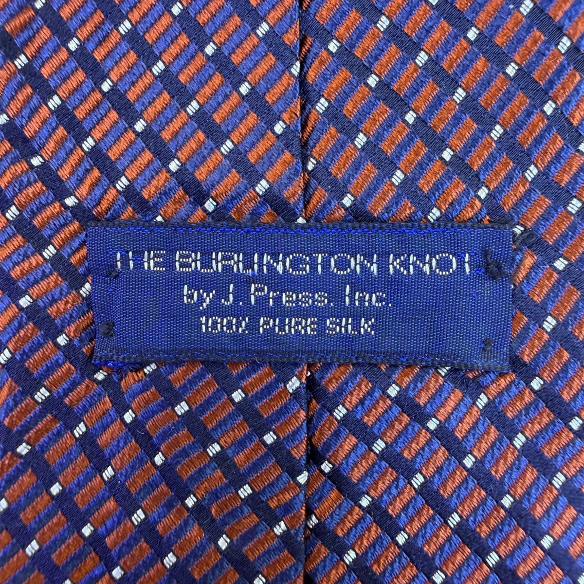 J Press Mens Blue & Orange 100% Silk Necktie Geometric Pattern Made In USA