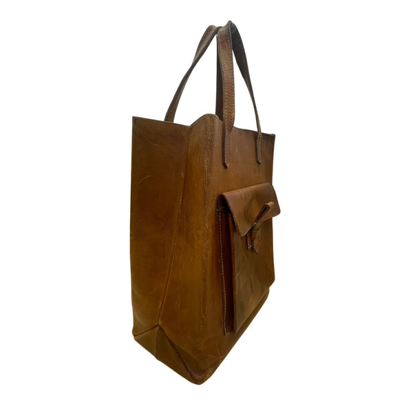 Vintage Handmade Brown Leather With Front Buckle Pocket Double Handle Tote Bag