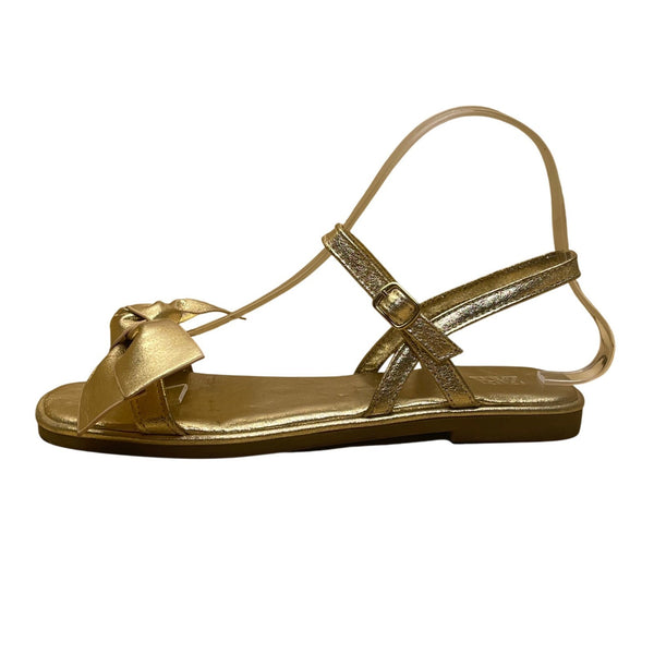 Zara Women’s Gold Metallic Adjustable Strap Bow Flat Sandals Size 6.5US