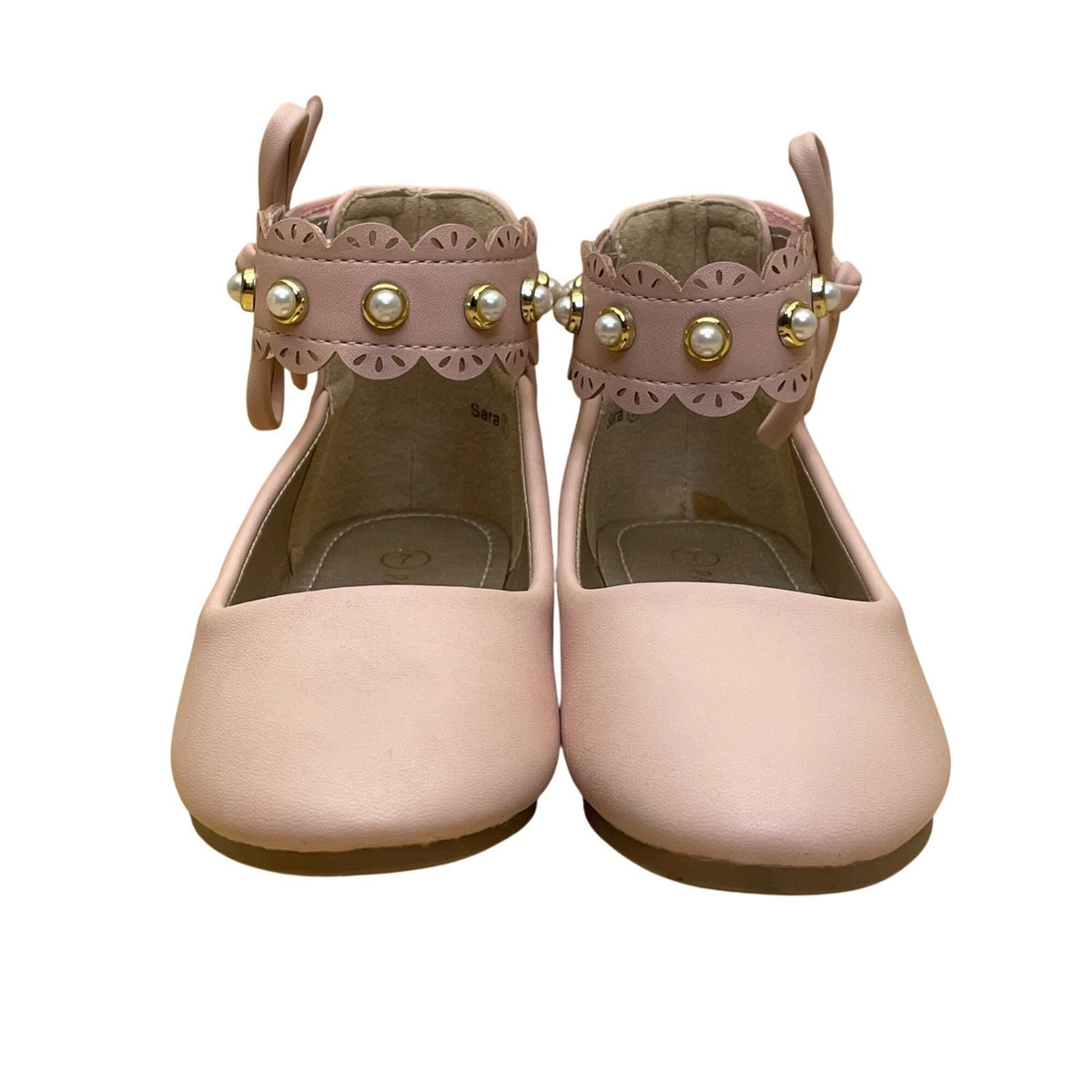 Pandaninjia Girls Blush Pink Faux Leather Pearl Ankle Strap Bow Flats Size 7